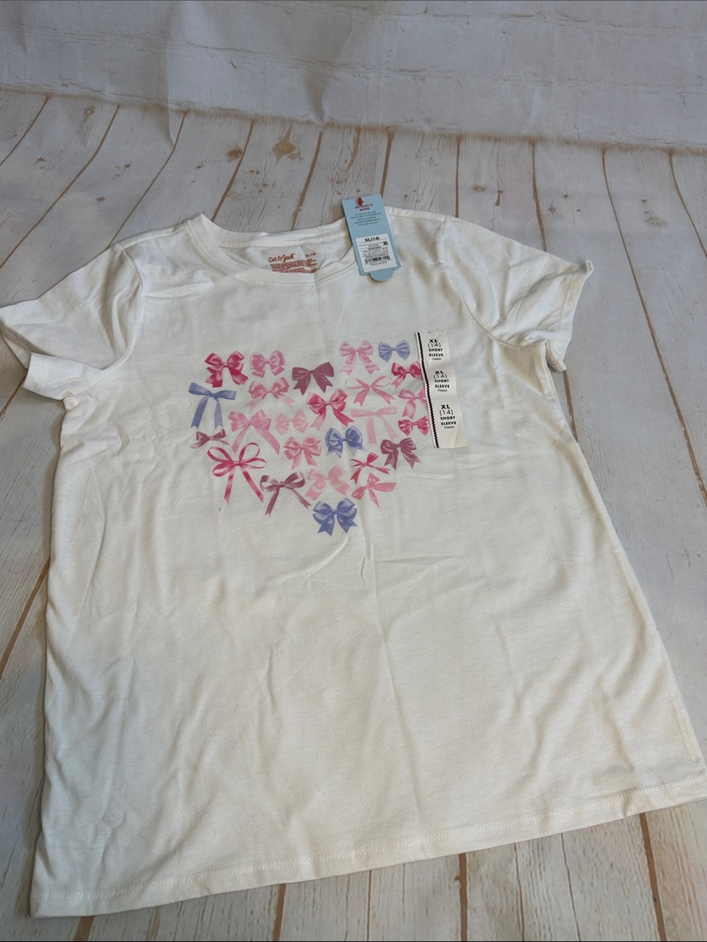 Cat & Jack White Short Sleeve Tee with Pink & Purple Shabby Bow Heart NWT